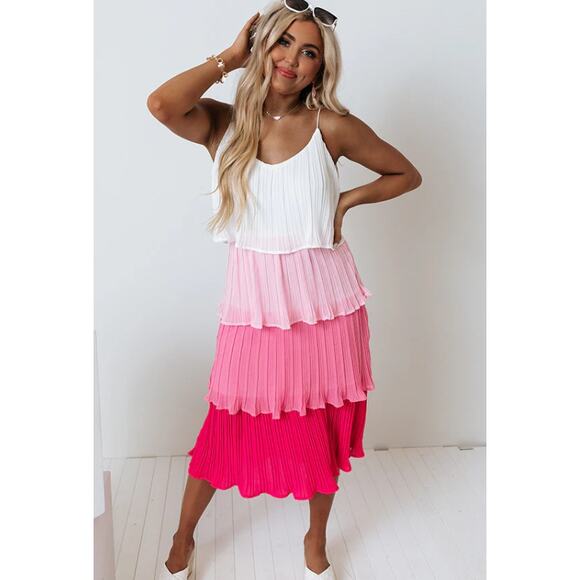 She + Sky Ombre Tiered Pleated Midi Dress WMNS S Pink White Flowy V-Neck Ruffled - Picture 2 of 11